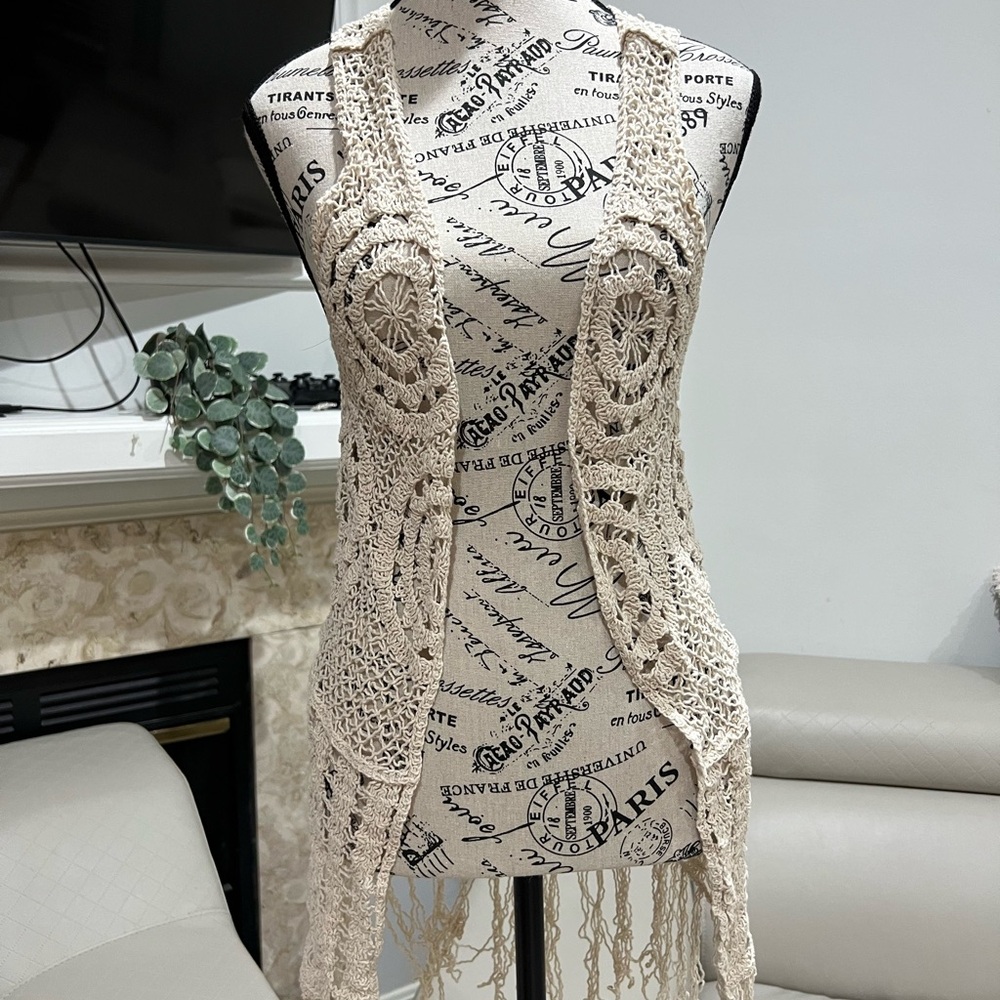 Light Tan Crochet Long Cardigan with Fringe Ends